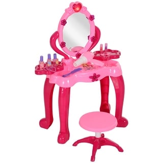 Kids Vanity Set with Mirror and Stool, Girls Makeup Table with Light and Sound, 15 Accessories, Pretend Play Set with Hair Dryer