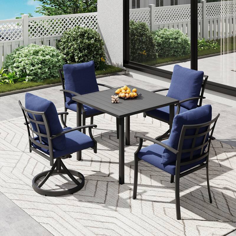 IvyGlow 5-Piece Black Metal Patio Dining Set with Square Table, 2 Swivel Dining Chairs and Gray Cushions