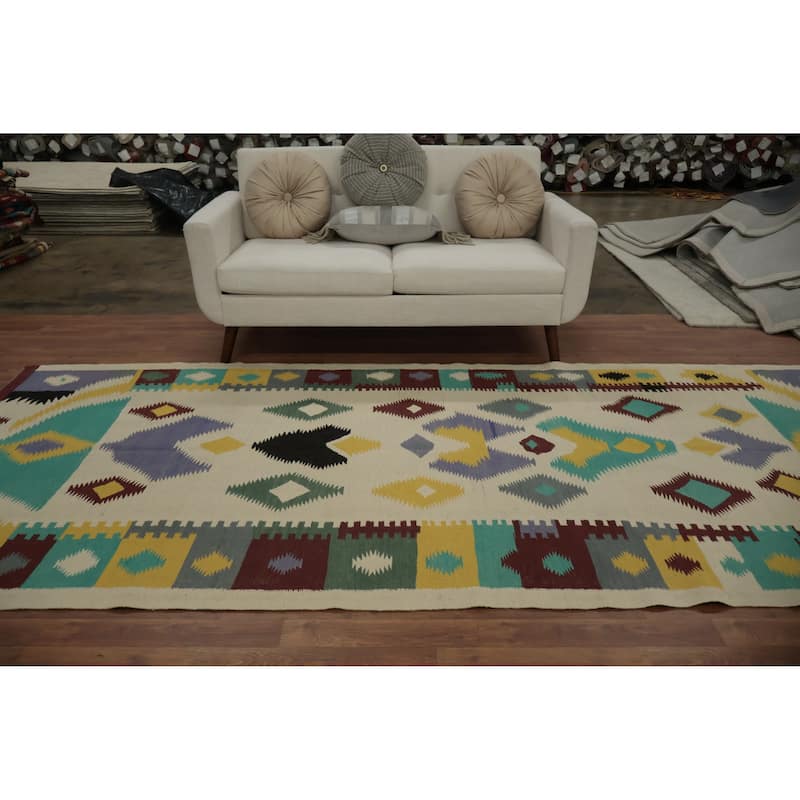 Hand Woven Oriental 100% Wool Carpet Southwestern Tribal Beige & Ivories Kilim Area Rug - 11' 4'' X 4' 9''