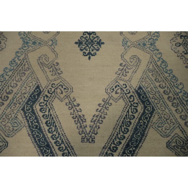 Hand Knotted Oriental 100% Wool Carpet Modern Geometric Beige & Ivories Contemporary Runner Rug - 9' 0'' X 2' 3''