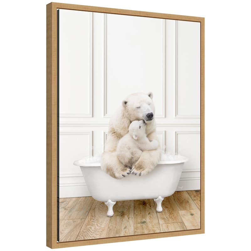 Kate and Laurel Sylvie Mother and Baby Polar Bear in Traditional Vintage Bathtub Framed Canvas by Amy Peterson - Natural