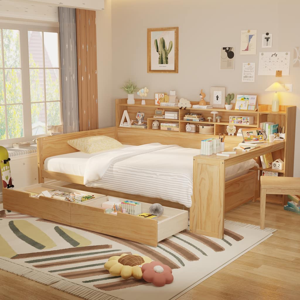Wooden Full Size Daybed with Storage Shelves, Multi-functional Bed with Two Storage Drawers and Study Desk