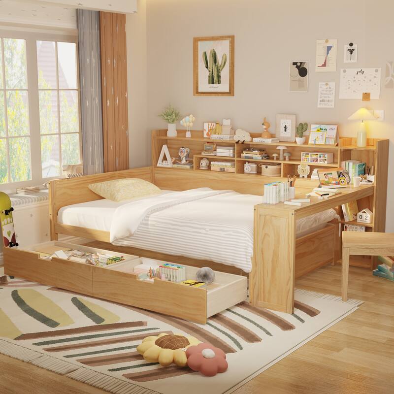 Multi-Layer Storage Headboards Wood Daybed Sofa Bed Frame, Wooden Slat Panel Bed with 2 Storage Drawers or Trundle Bed