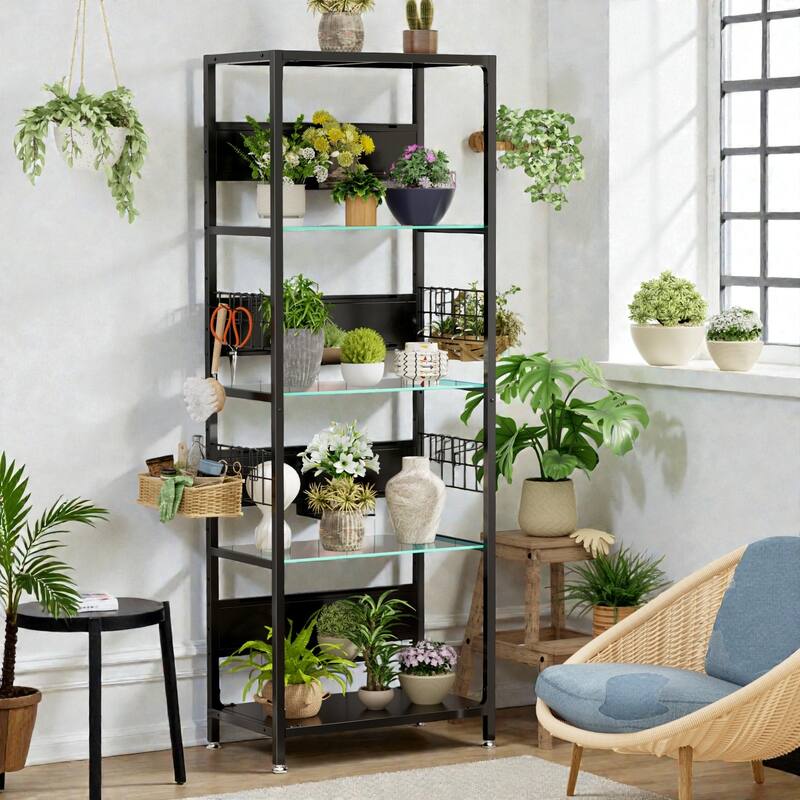 4 Tier Glass Display Shelf with RGB LED Lights, Metal Standing Curio Shelf with Adjustable Box and Hooks - Black