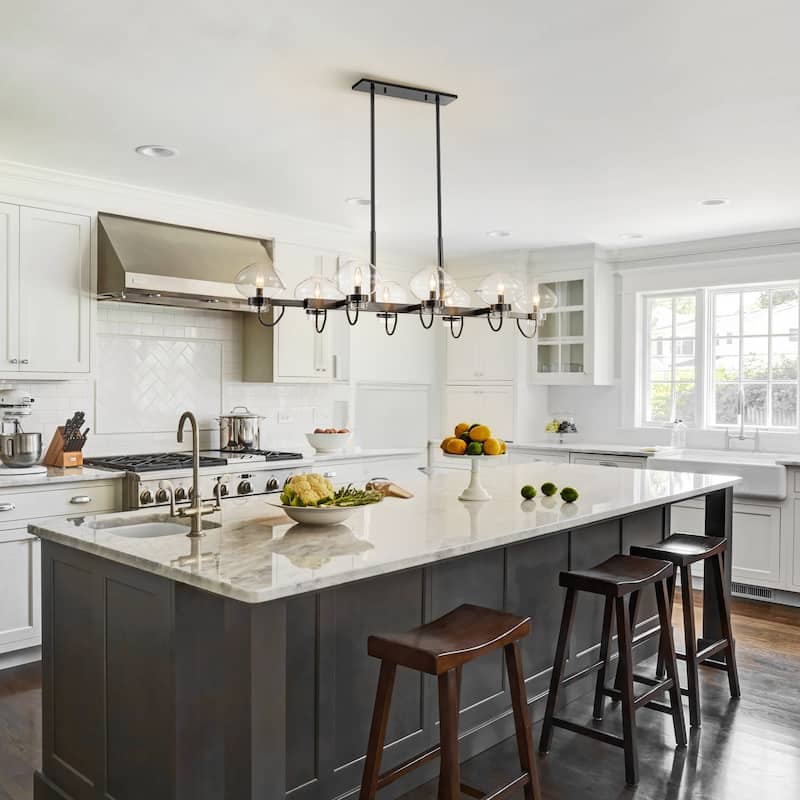 8-Light Industrial Gold/ Black Linear Candle Clear Glass Chandelier for Kitchen Island