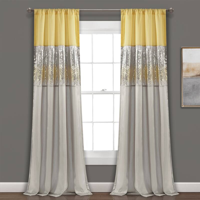Silver Orchid Page Two-tone Faux Silk Glamorous Sequins Sparkle Single Curtain Panel - 84"L x 42"W - Yellow/Gray