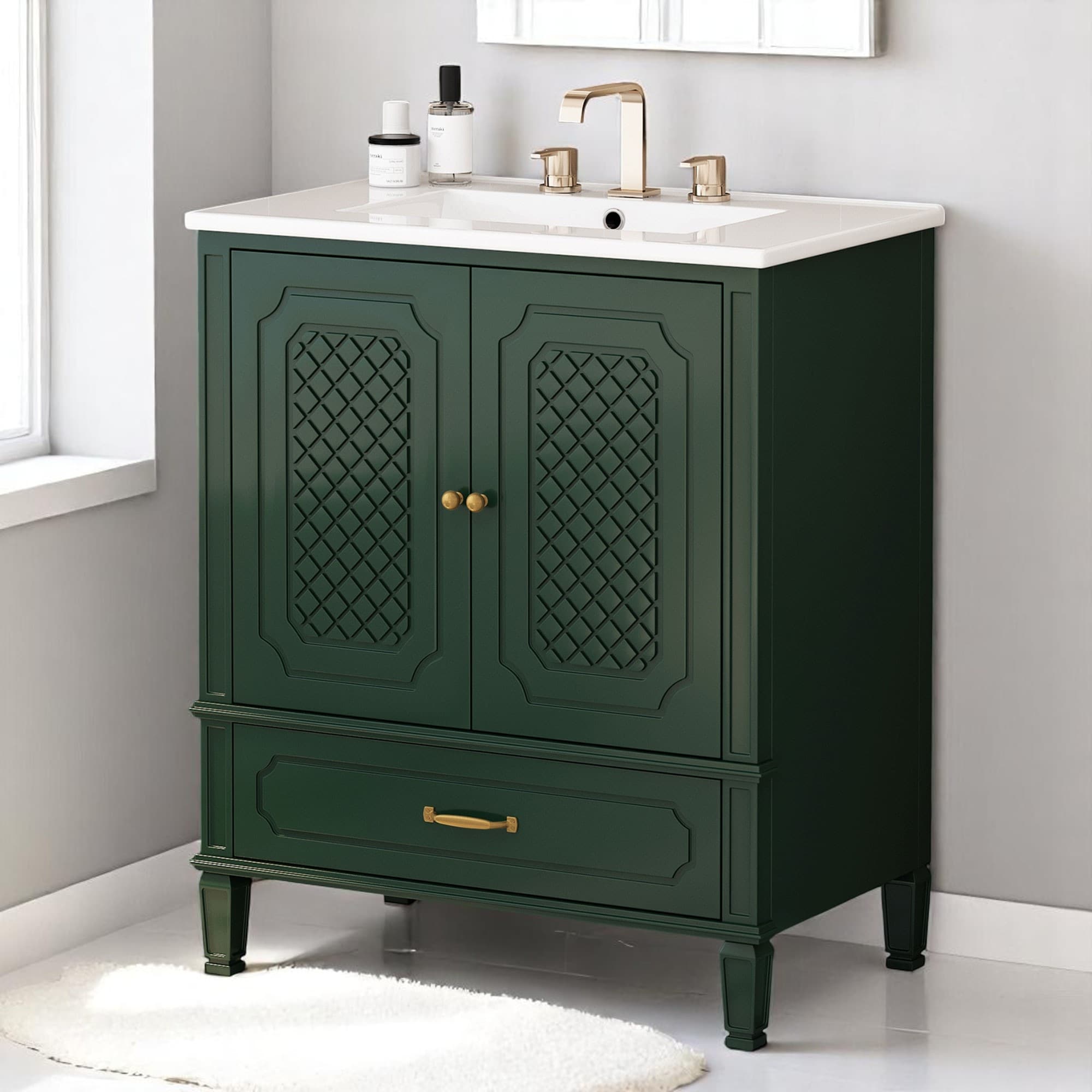 30 Inch Freestanding Bathroom Vanity with Ceramic Sink, Vintage Design, Drawer Storage, Soft Close Doors