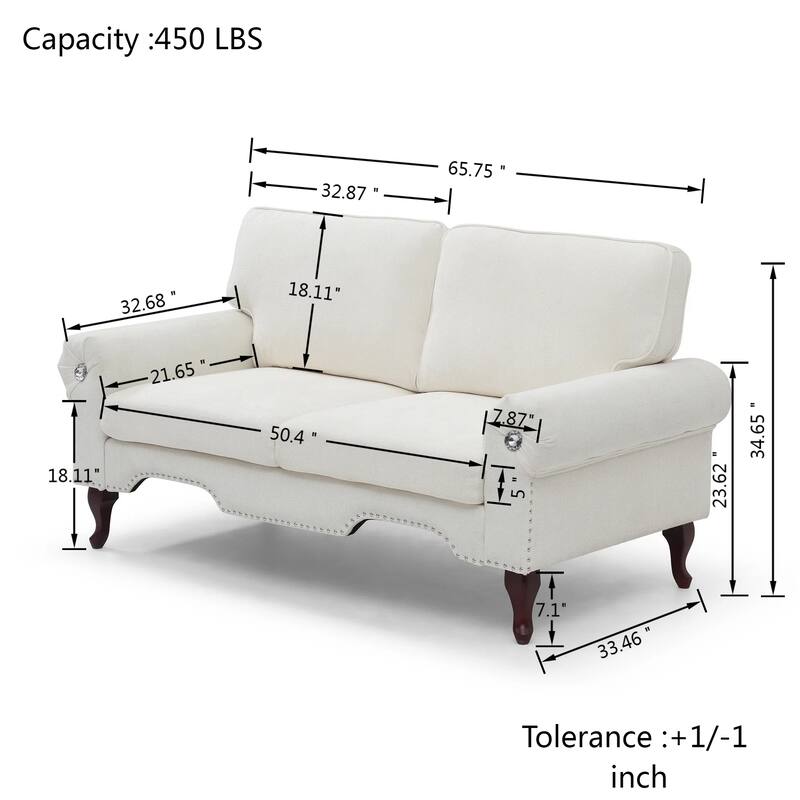 66" Linen Loveseat Sofa with Wooden Legs, Crystal Buttons & Tufted Back