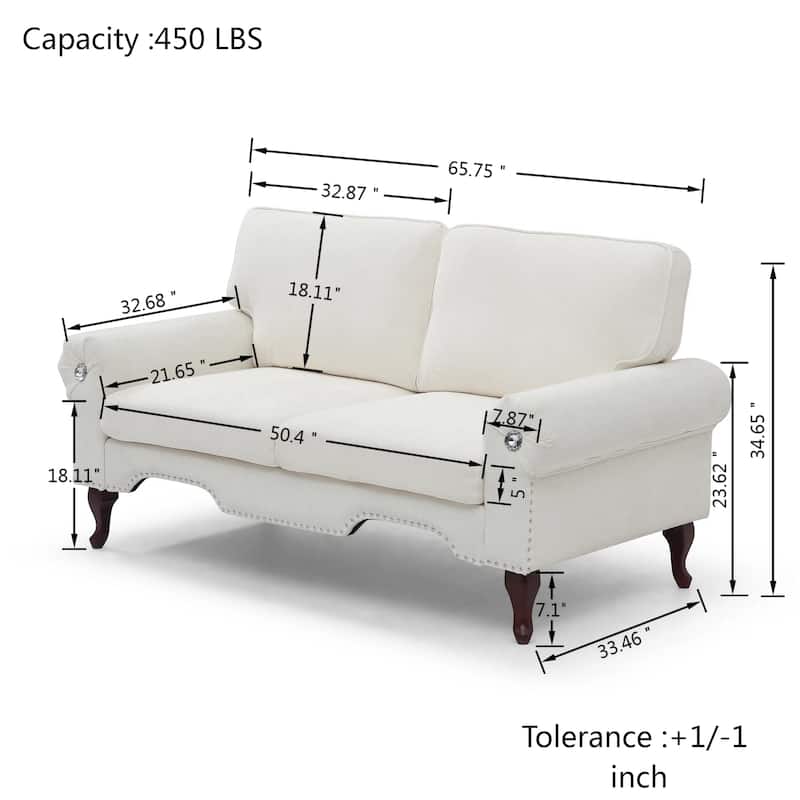 Linen Upholstered Loveseat Sofa Chesterfield Lounge Couch with Nailhead Trim, Rolled Arms and Crystal Button Accents
