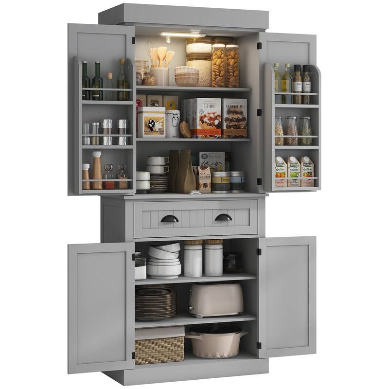 HOMCOM 71" Kitchen Pantry Cabinet with Motion Sensor Light, Tall Storage Cabinet with 6 Door Shelves