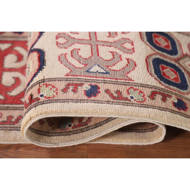 Hand Knotted Oriental 100% Wool Carpet Traditional Geometric Beige & Ivories Kazak Area Rug - 9' 7'' X 6' 7''