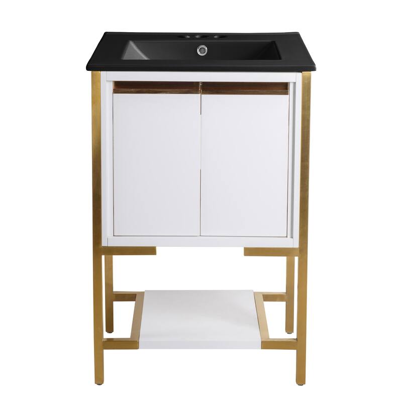 Marseille 24 In. White Bathroom Vanity With Black, 3-Hole Ceramic Sink Top