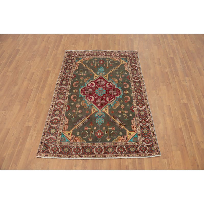 Hand Knotted Oriental 100% Wool Carpet Traditional Medallion Green Tabriz Area Rug - 6' 3'' X 4' 4''