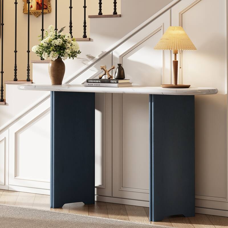 Rustic Sofa Table Narrow Console Table with Oval Faux Marble Top