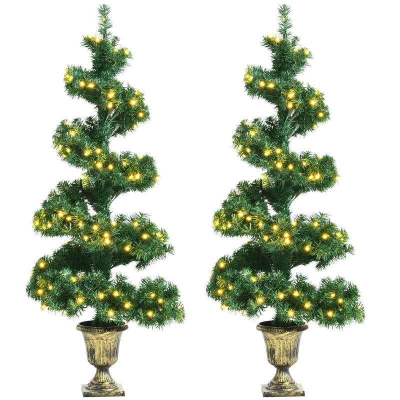 Gymax 2PCS 4 ft Pre-Lit Spiral Topiary Christmas Tree Artificial - See Details - Green - 4 Foot