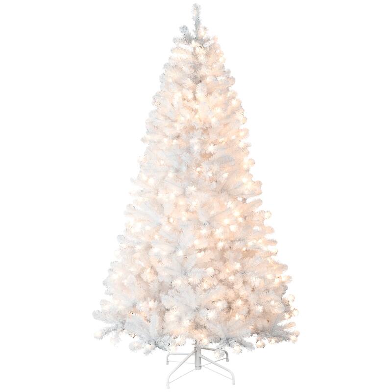 Pre-Lit White Artificial Christmas Tree - Memory Wire, Incandescent Lights, Auto-Unfold, Metal Stand