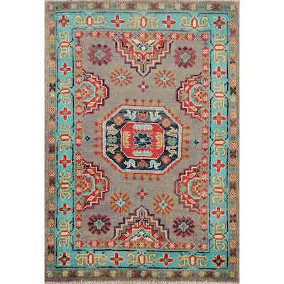 Geometric Kazak Foyer Rug Handmade Traditional Grey Wool Carpet - 2'0" x 3'0"