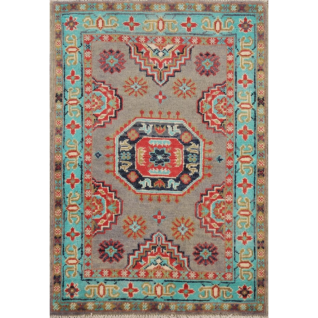 Geometric Kazak Foyer Rug Handmade Traditional Grey Wool Carpet - 2'0" x 3'0"