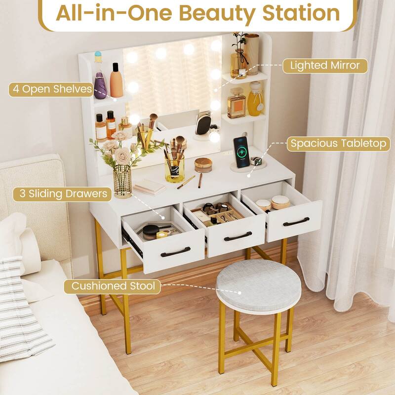 Costway Vanity Desk with Mirror Lights Power Outlets 4 Open Shelves 3 - See Details