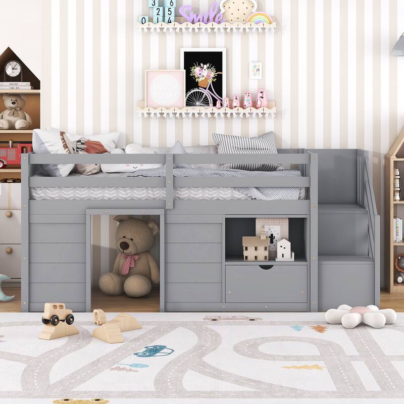 Gray Low Loft Bed with Drawers & Stairway