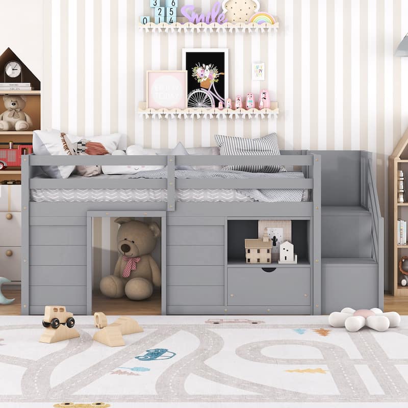 Twin Low Loft Bed with Storage Drawer, Bookshelf, and Playhouse Structure - Gray