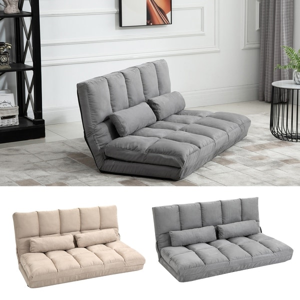 Beige HOMCOM Convertible Floor Sofa with 7 Position Adjustable Backrest Metal Frame and 2 Pillows Thick Padding