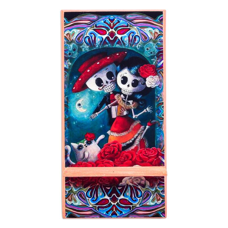 Novica Handmade Catrina Romance Decoupage Wood Phone Stand