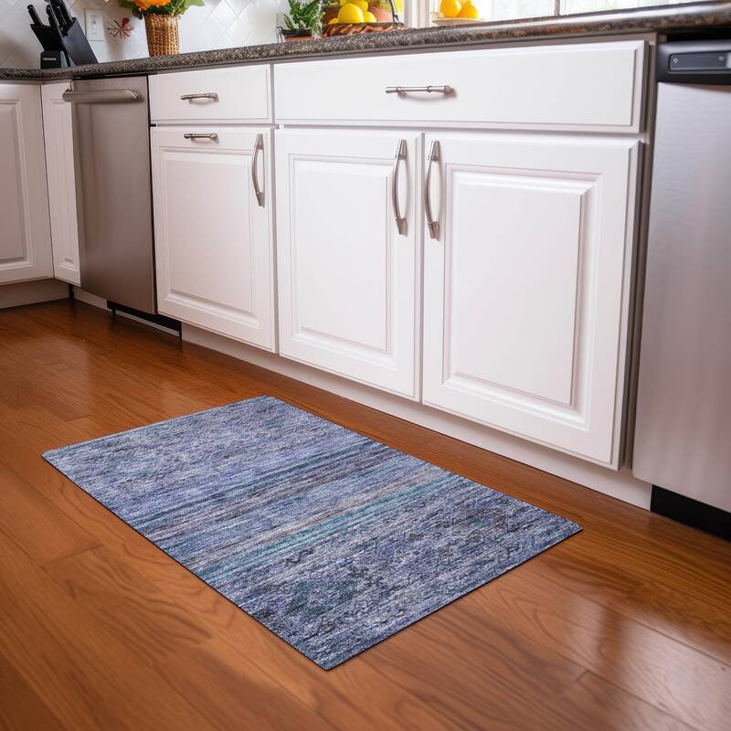 Machine Washable Indoor/ Outdoor Boho Moroccan Chantille Rug - Blue - 1'8" x 2'6"