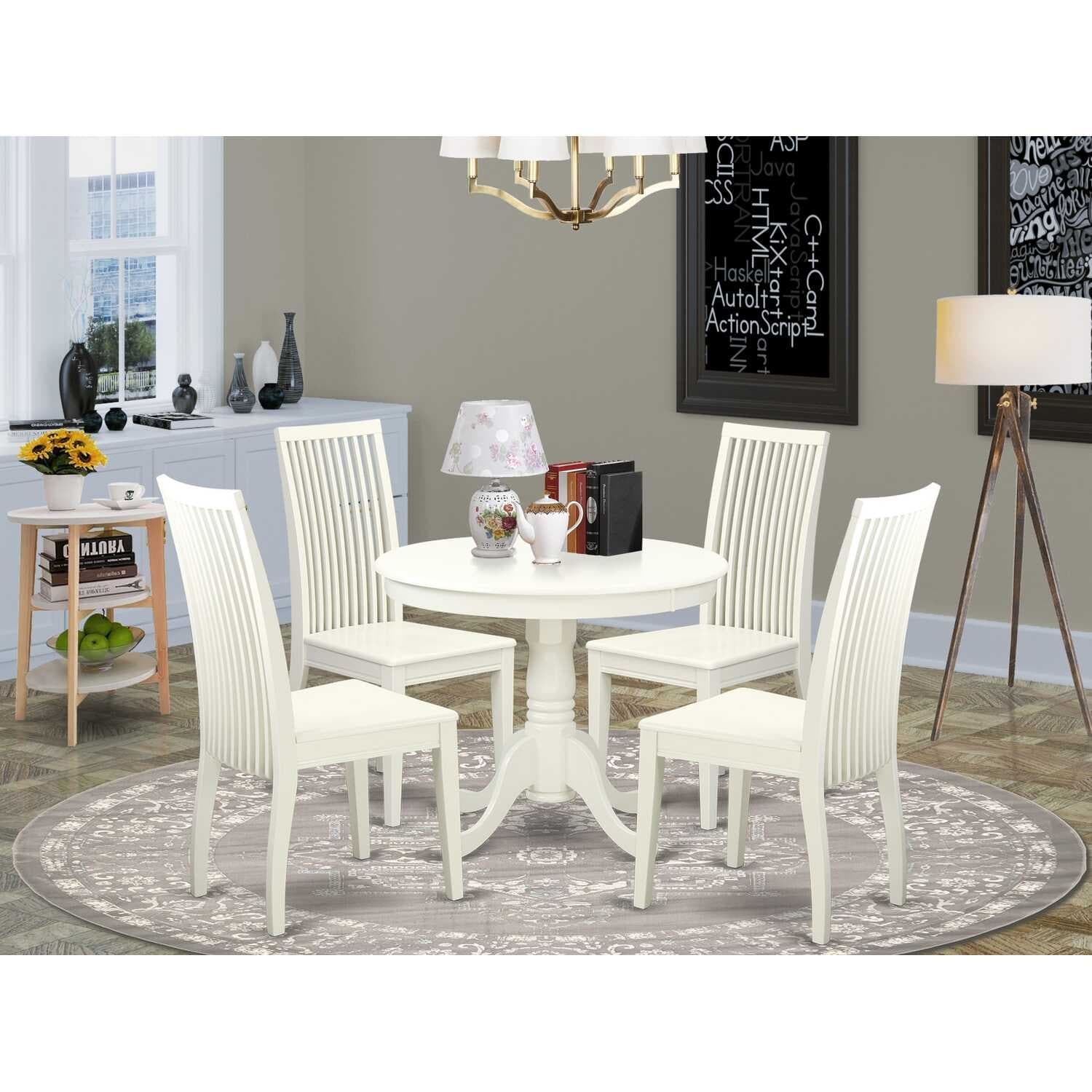 Kitchen Table Set 5 Piece Round Dining Table & 4 Chairs Linen White Modern Bistro Set