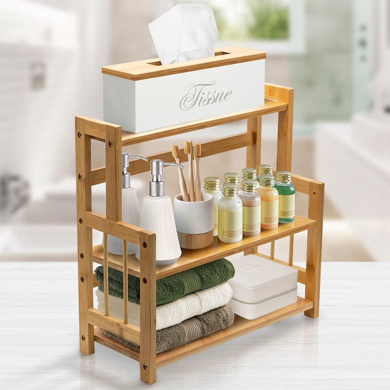 Sorbus Cleaning Supplies Countertop Organizer Bamboo Wooden Counter Storage Shelf Rack For Bathroom and Laundry - Brown