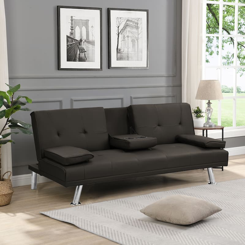 Sofa Bed with Armrest and Stainless Steel Legs - 31.70 x 66.10 x 28.30 - Dark Brown
