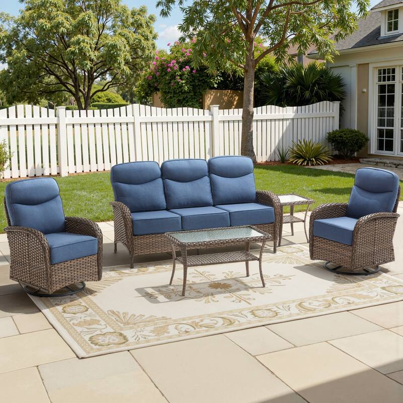 Meyreso 5-Piece Wicker Patio Conversation Set with Swivel Gliders and 6-Inch Thick Olefin Cushions