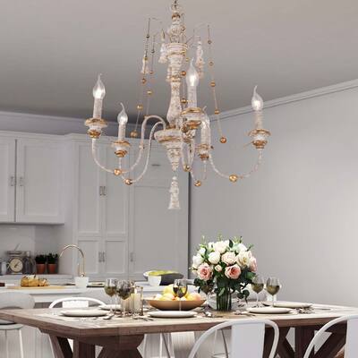 French Country 5-Light Farmhouse Distressed Wood Classic Candle Chandelier for Dining Room - 21.5" D x 30" H