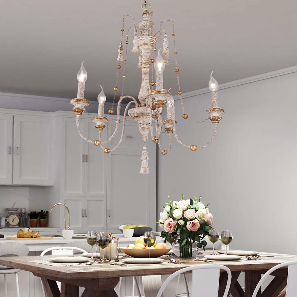 French Country 5-Light Farmhouse Distressed Wood Classic Candle Chandelier for Dining Room - 21.5" D x 30" H