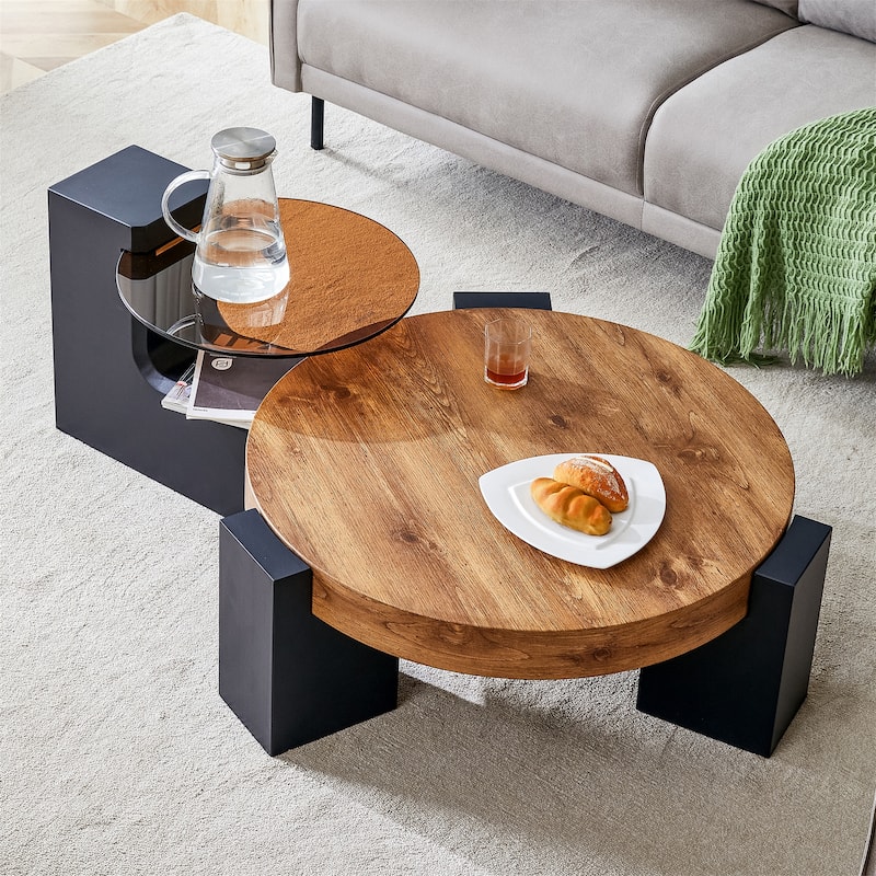 Detachable Double-decker Coffee Table - Black+Wood