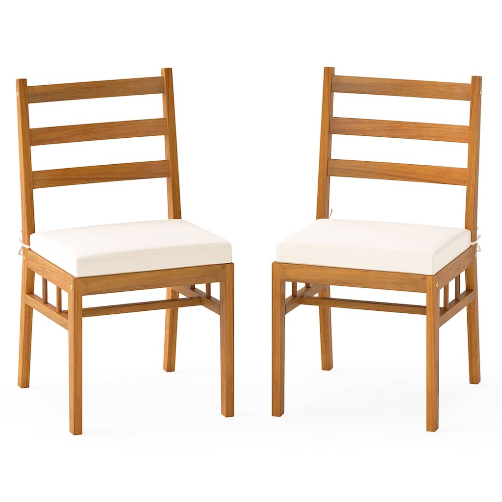 Gymax Solid Acacia Wood Patio Chair Set of 2 w/ Padded Seat Cushions