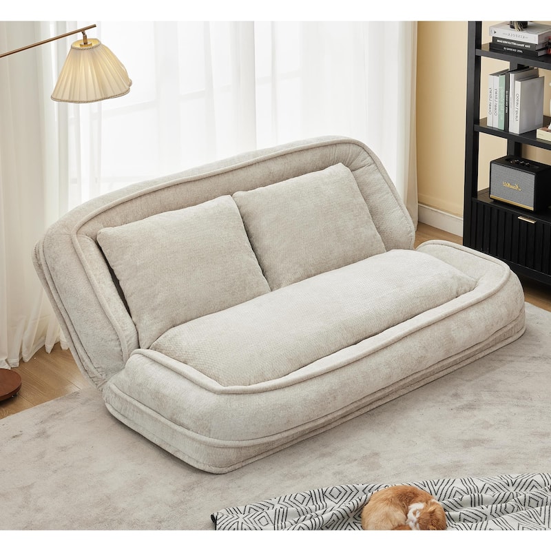 Pet Friendly Lazy Loveseat Sofa 2-in-1 Chenille Floor Couch Double Human Sleeper Bed with 5 Adjustable Position, Plump Pillows