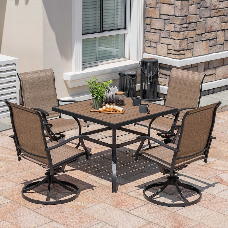 5-Piece Patio Outdoor Textilene and Metal Dining Set with Umbrella Hole - Black and Brown