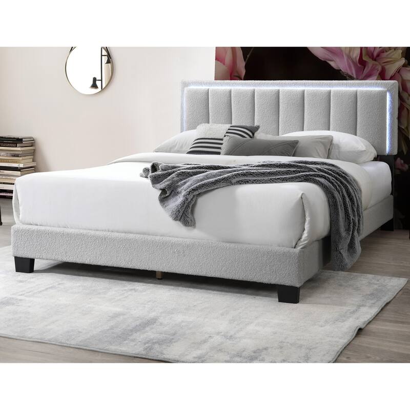 Queen Size Light Gray Wool Fabric Upholstered Bed with LED Headboard and Channel Tufting