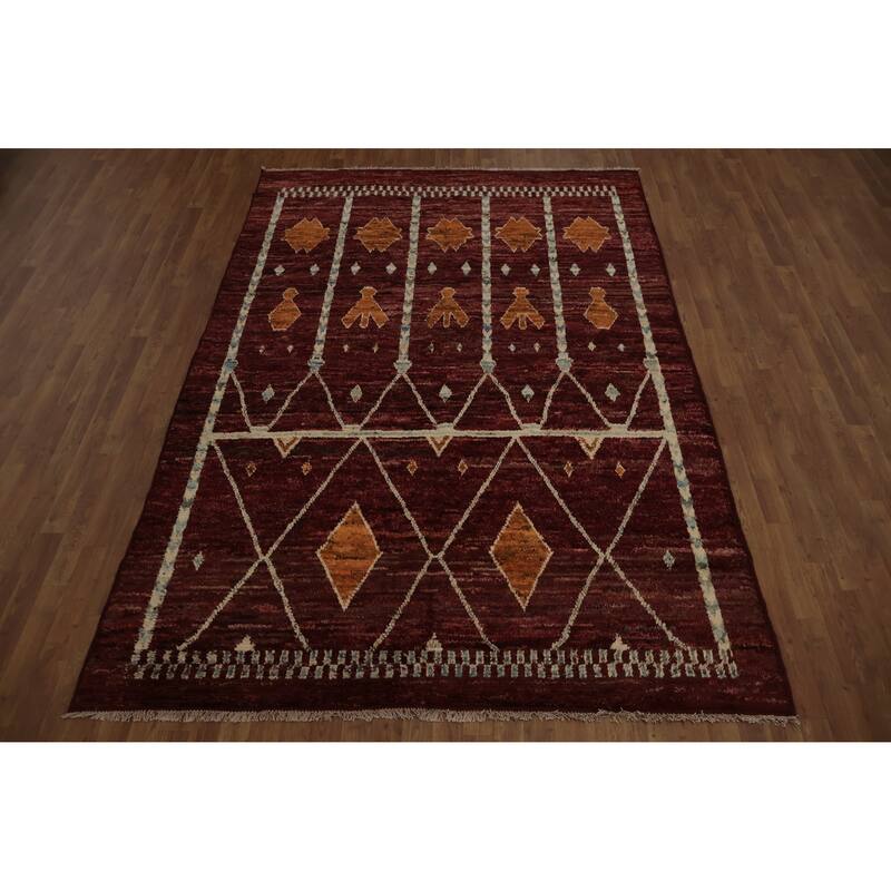 Hand Knotted Oriental 100% Wool Carpet Modern Tribal Red Moroccan Area Rug - 9' 9'' X 6' 8''