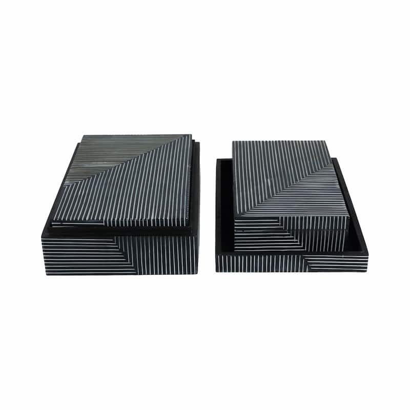 Resin Wood Decorative Box Striped Pattern (Set of 3) - 10/11/12" Blue - 12" x 8" x 4"
