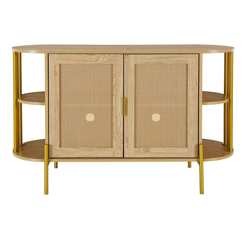 Curved Sideboard Rattan Buffet Storage Cabinet Side Cabinet, Natural