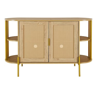Natural Curved Sideboard with Woven Rattan Doors and Open Storage