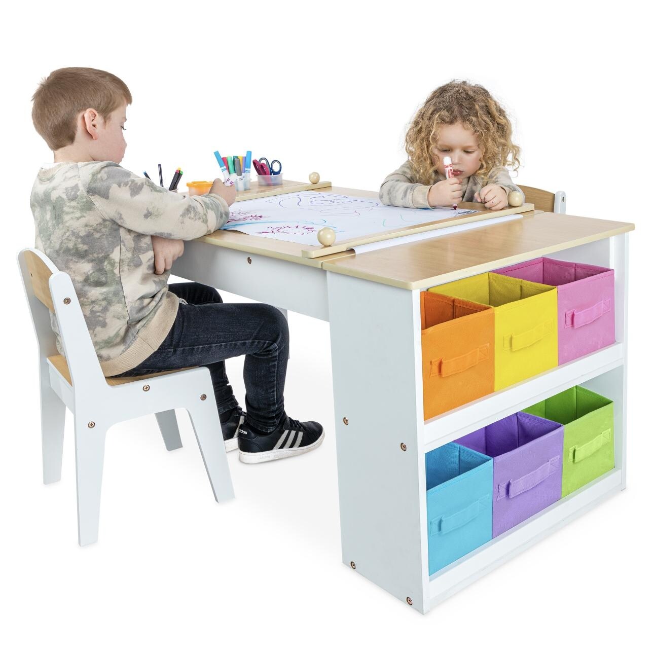 Milliard 2 in 1 Kids Art Table Easel Table and Chair Set Toddler Craft and Play Wood Activity Center Storage Bins Paper Roll Bed Bath Beyond 40309729