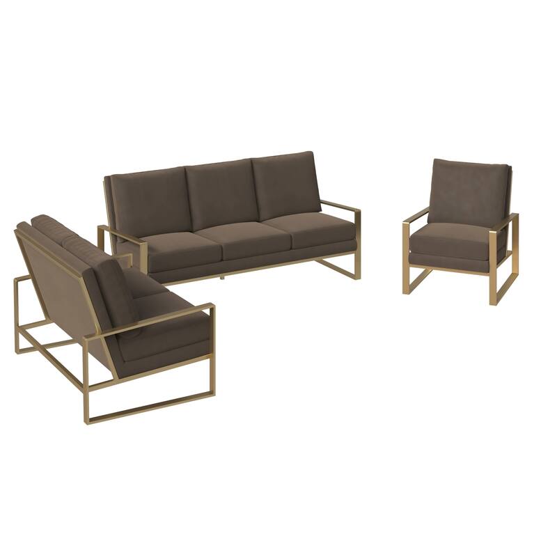 LeisureMod Modern 3-Piece Upholstered Velvet Sofa Set - Includes Sofa, Loveseat & Accent Chair for Home Office Living & Bed Room - Dark Grey