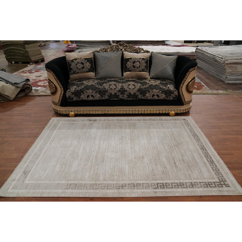 Machine Made Oriental Polyester Carpet Geometric Beige & Ivories Distressed Area Rug - 7' 5'' X 5' 2''