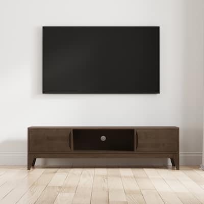 WYNDENHALL Pearson SOLID HARDWOOD 72 inch Wide Modern TV Media Stand in Walnut Brown For TVs up to 80 inches