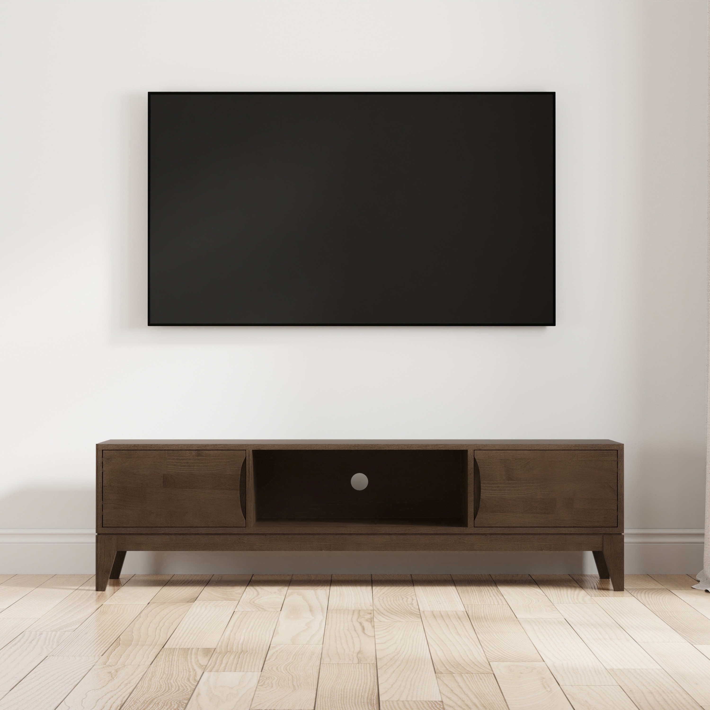 WYNDENHALL Pearson SOLID HARDWOOD 72 inch Wide Modern TV Media Stand in Walnut Brown For TVs up to 80 inches