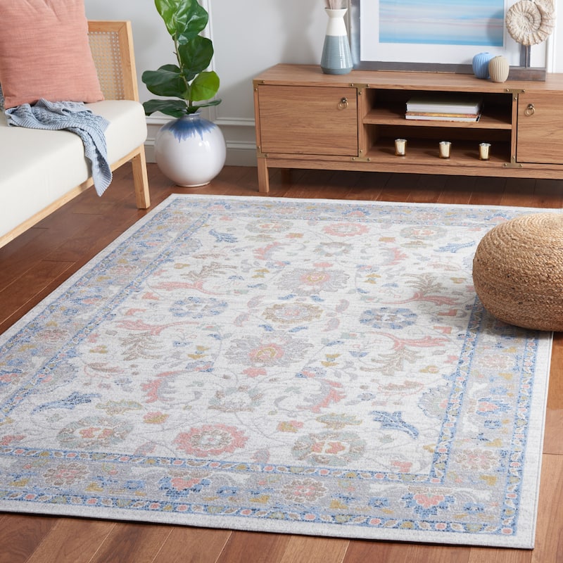 SAFAVIEH Bayside Machine Washable Shweta Oriental Rug - 6'7" Square - Beige/Blue