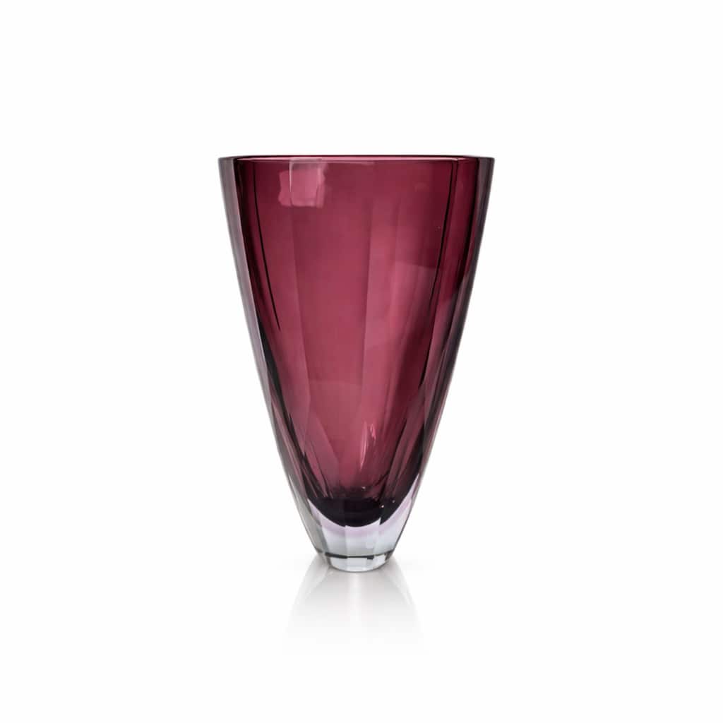 Heavy Cut Plum Glass Vase With Faceted Base And Tapered Shape
